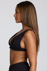 Loungewear-V Neck Fleece Bralette in Black