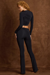 Mairead-Asymmetric Draped Mid-Rise Flared Trousers in Black
