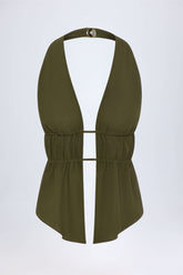 Larisa-Cut-Out Semi-Sheer Ruched Halterneck Crop Top in Dark Khaki