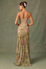 Haruna-Ruched Asymmetric Corset Gown in Floral Multi Print