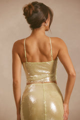 Rhea-Sheer Sequin Keyhole Cut Out Halter Neck Crop Top in Pistachio