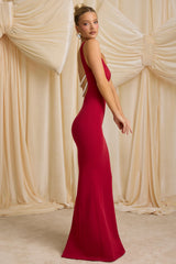 Xanthia-Pearl-Detail Halterneck Maxi Dress in True Red