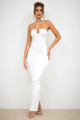 Vasara-Slinky Jersey Rose Detail Halter Neck Maxi Dress in White