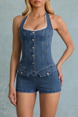 Lalita-Button-Down Halterneck Playsuit in Mid-Blue