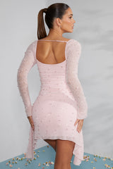 Tivoli-Long Sleeve Embellished Cowl Neck Mini Dress in Blush