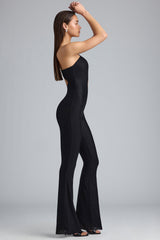 Amara-Petite Metallic Ruched Cut-Out Flared Jumpsuit in Black
