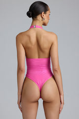 Zoey-Metallic Halterneck Bodysuit in Bubblegum Pink
