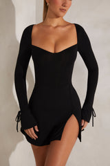 Amryn-Long Sleeve A-Line Mini Dress in Black