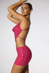 Rocco-Embellished Cowl Neck Open Back Crop Top in Hot Pink