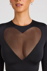 Solea-Sheer Panelled Long Sleeve Crop Top in Black