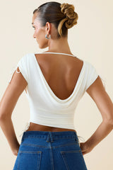 Kaede-Asymmetric Ruched Cowl-Back Crop Top in Vanilla