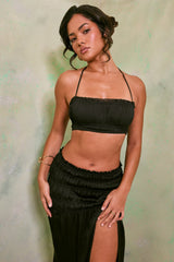 Lova-Shirred Halter Neck Crop Top in Black