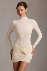 Isolde-Ruched Backless Turtleneck Mini Dress in Ivory
