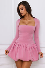 Viola-Long-Sleeve Bubble Hem Mini Dress in Mauve