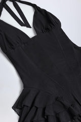 Kristena-Ruffled Halterneck Bodysuit in Black