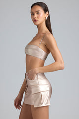 Jaimee-Metallic Denim Mid-Rise Cargo Mini Skirt in Champagne
