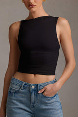 Kirbie-Asymmetric Ruched Tank Top in Black