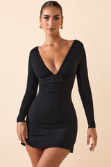 Jessa-Modal Ruched Plunge A-Line Mini Dress in Black