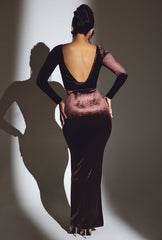 Ginevra-Velvet Long Sleeve Maxi Dress in Chocolate Brown