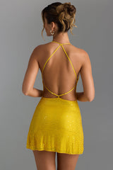 Eleodora-Embellished Halterneck Mini Dress in Buttercup