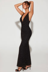 Verona-Embellished Plunge Halter Neck Evening Gown in Black