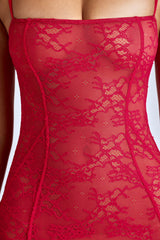 Marietta-Sheer Lace Fishtail Gown in Cherry Red