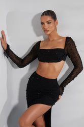 La Désirade-Embellished Cowl Neck Crop Top in Black