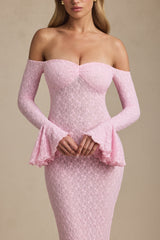 Verena-Off-Shoulder Ruffle Lace Maxi Dress in Soft Pink