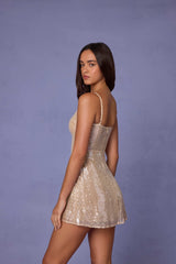 Agentha-Embellished V-neck Lace Mini Dress in Pale Peach
