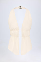 Larisa-Cut-Out Semi-Sheer Ruched Halterneck Crop Top in Ivory