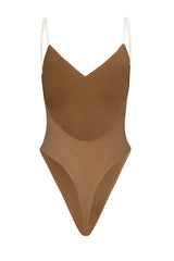 Intimates-Soft Mesh V-Neck Bodysuit in Almond