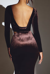 Ginevra-Velvet Long Sleeve Maxi Dress in Chocolate Brown
