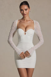 St Germain-Embellished Long-Sleeve Mini Dress in White