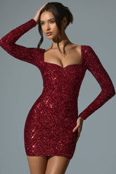 Sephina-Embellished Sweetheart-Neck Mini Dress in Red