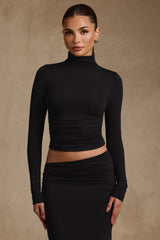 Auri-Modal Ruched Backless Turtleneck Top in Black