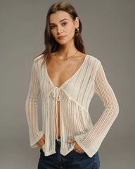 Beige V Neck Bell Sleeve Cardigan