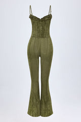 Carmen-Lace-Up Ruffled Flared Jumpsuit in Green Print