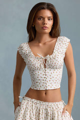 Faela-Ruched Cotton-Poplin Corset Top in Rose Print