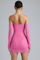 Jade-Embellished Lace-Up Off-Shoulder Mini Dress in Bubblegum Pink