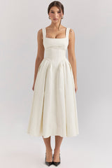 Ivory Textured Satin Corset Midi Dress