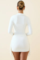Lucinda-Ruched Cut-Out Mini Shirt Dress in Vanilla