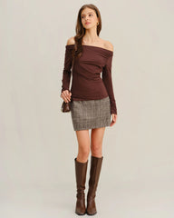 Brown Retro Plaid Straight Mini Skirt