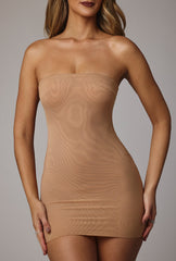 Intimates-Soft Mesh Mini Slip Dress in Almond