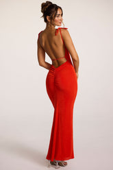 Noelia-Textured Jersey Open Back Maxi Dress in Fiery Red