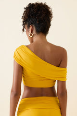Inga-Asymmetric Ruched Off-Shoulder Crop Top in Golden Yellow