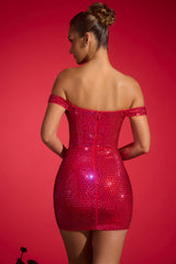 Leonora-Embellished Off-Shoulder Mini Dress in Crimson Red