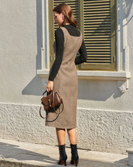 Brown A-Line Sleeveless Slit Midi Dress