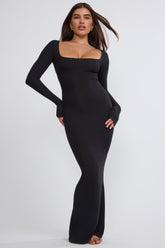 Jude-Ribbed Modal Long Sleeve Maxi Dress in Black