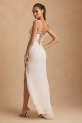 Nathalia-Embellished Plunge Ruffled Corset Maxi Dress in Ivory