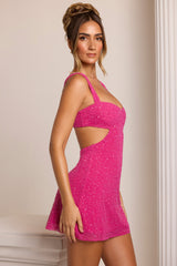 Emilion-Embellished Cut Out Mini Dress in Fuschia